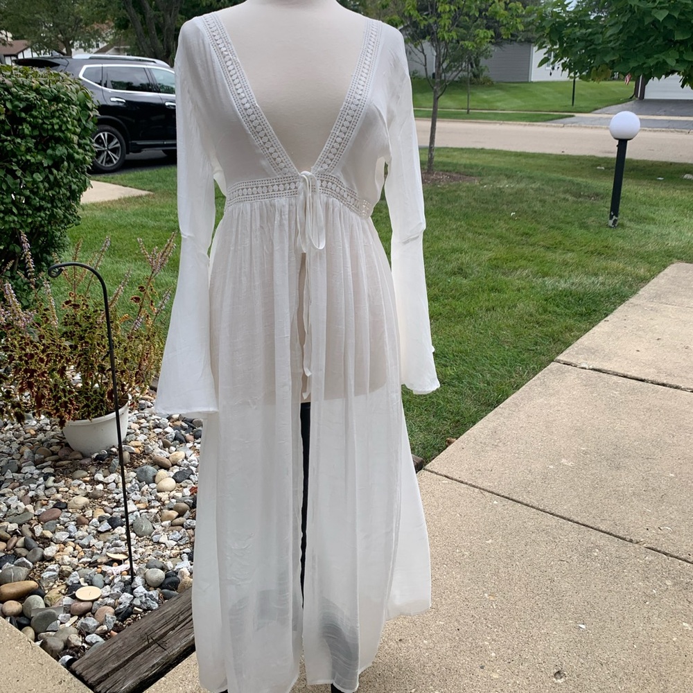 New Boho Flowy Mesh Lace Tie Maxi Kimono Dress Duster Jacket Robe Swim Cover Up - Picture 11 of 16